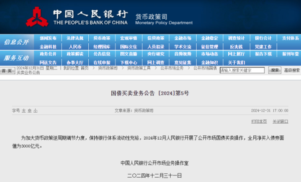 瑞银网配资 央行：12月公开市场国债净买入债券面值为3000亿元
